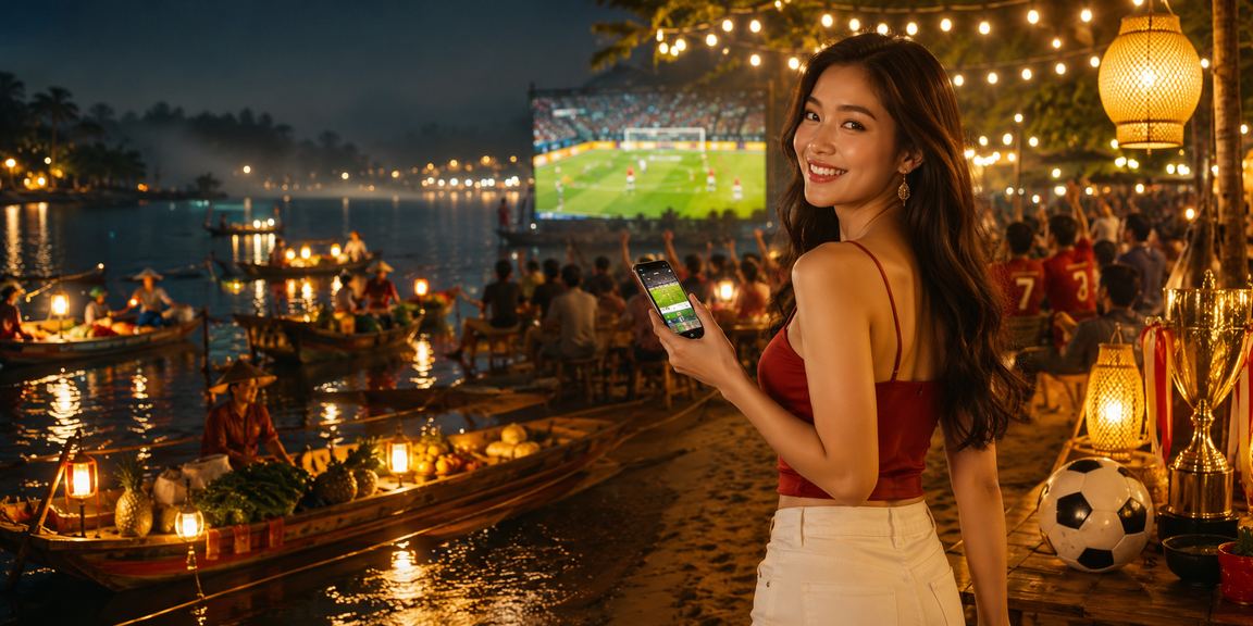 Người dùng xem kèo bóng đá tại chợ đêm Đà Lạt trên điện thoại